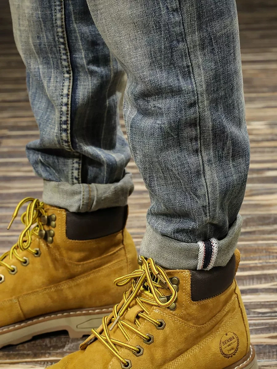 Italian Style Fashion Men Jeans Retro Blue Stretch Elastic Slim Ripped Jeans Men Vintage Trousers Casual Designer Pants Hombre