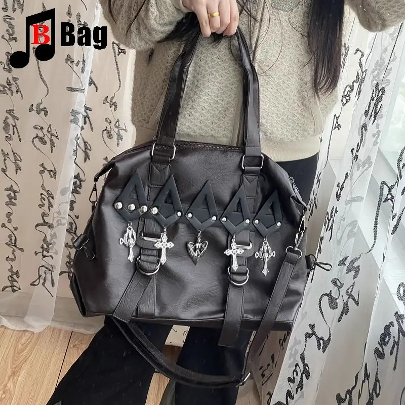 Y2K Gothic Women\'s Girls Punk Handbags Harajuku Single Shoulder Crossbody Student Class Large Capacity Rivet Commuting Bag Totes