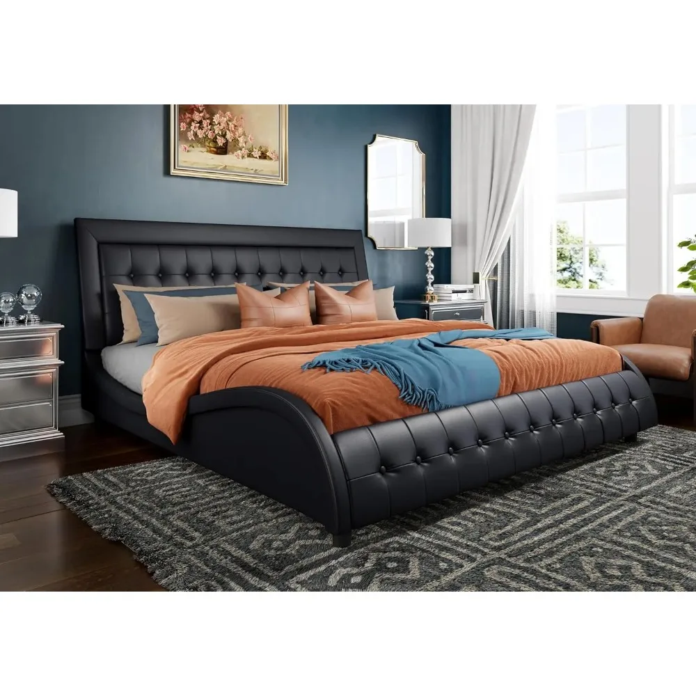 

King Bed Frame with Adjustable Headboard/Box-Tufted Upholstered Platform Bed/Mattress Foundation with Wood Slat Support