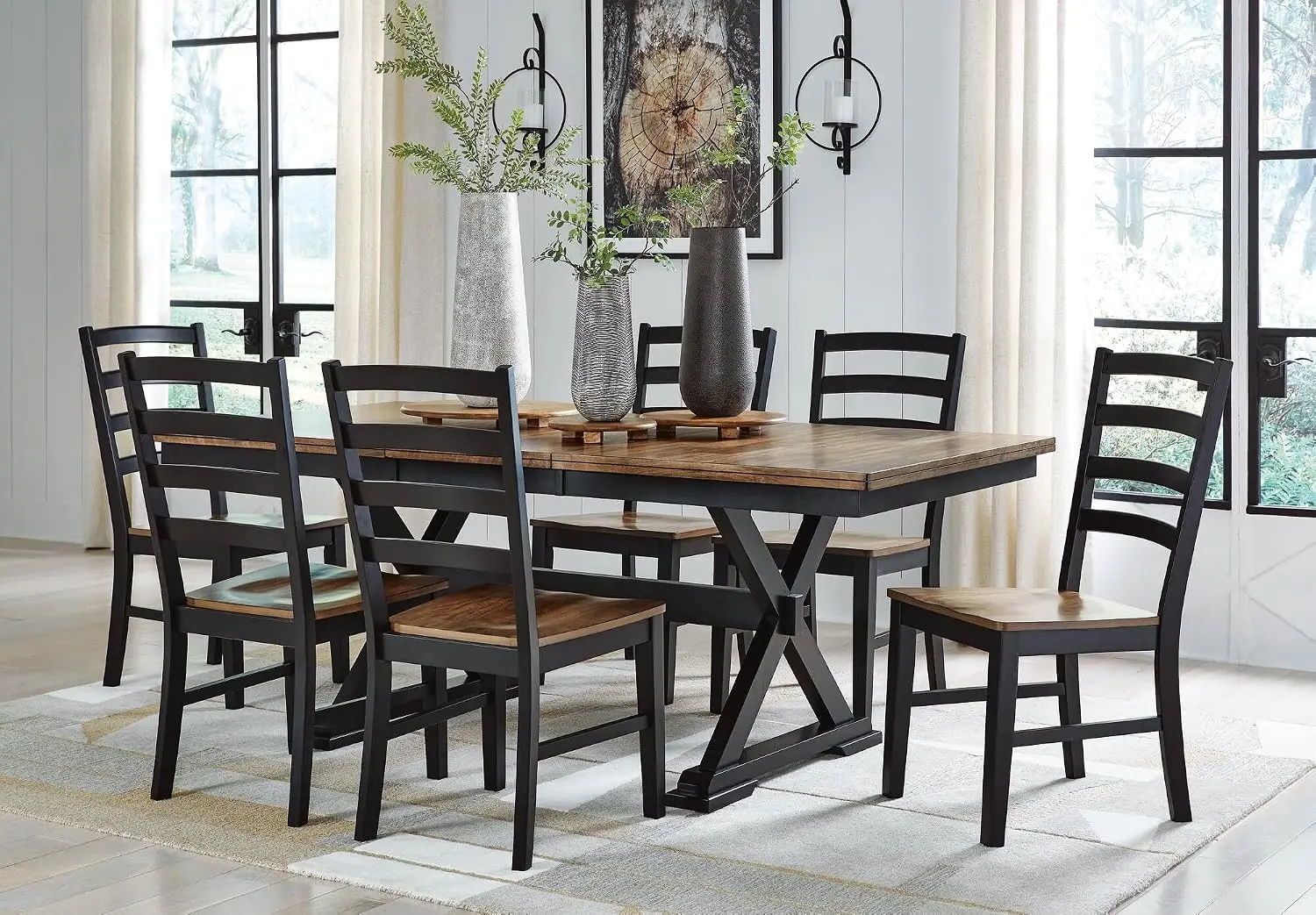Dining Chairs Set of 2, Modern Ladderback Dining Chairs with Solid Wood Frame, Two-Tone Finish, Contoured Seat, Black/Brown | Solid wood frame, Mango veneer and MDF substrate seat, Modern ladderback,  capacity, Black