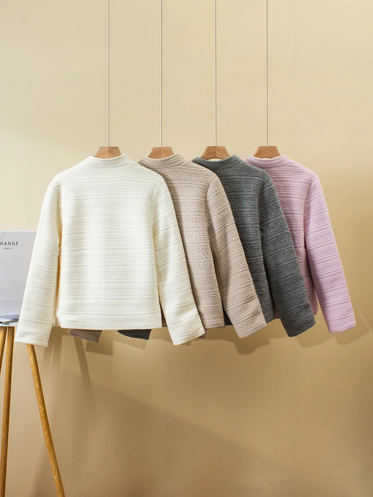 Autumn Winter Women Cashmere Cardigan Double Pockets Stand Collar Long Sleeve Solid Color Elegant Female Knitted Sweater