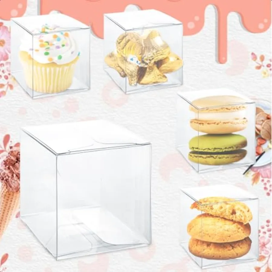 200 Pack 2x2x2 Inch Clear Favor Boxes with Gift Ribbons Small Treat Boxes Transparent Cube Box Plastic Gift Boxes Individual ar
