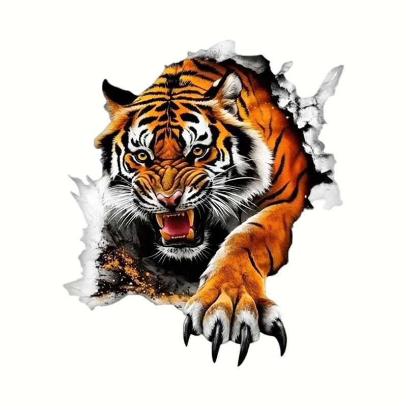 1Pc 2D Flat Tiger Breaking Wall Vinyl Sticker, Waterproof Decal for Car Body Scratch Cover Decor, Holiday Gift