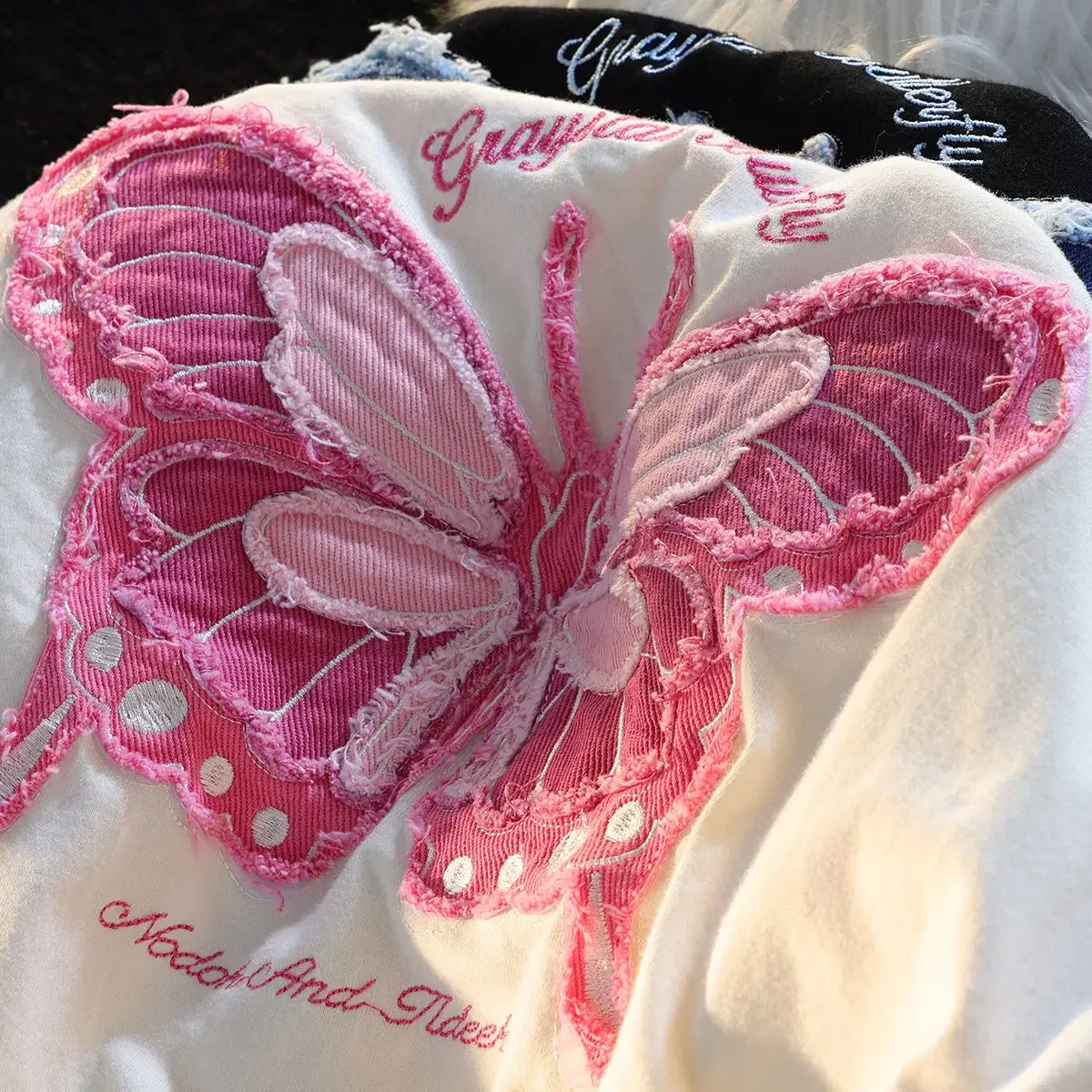 Pure cotton milk system butterfly embroidery couples short sleeved T-shirt female summer ins versatile college wind on clothes