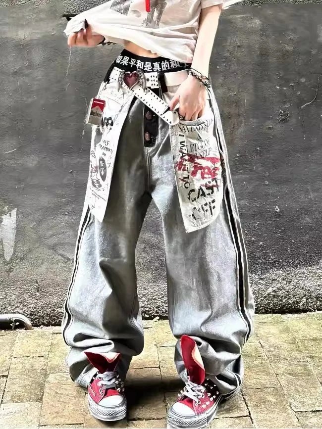 

Gray High Waist Wide Leg Denim Pants Women's Autumn Straight Cut Trousers Patchwork Vintage Style Comfortable Breathable