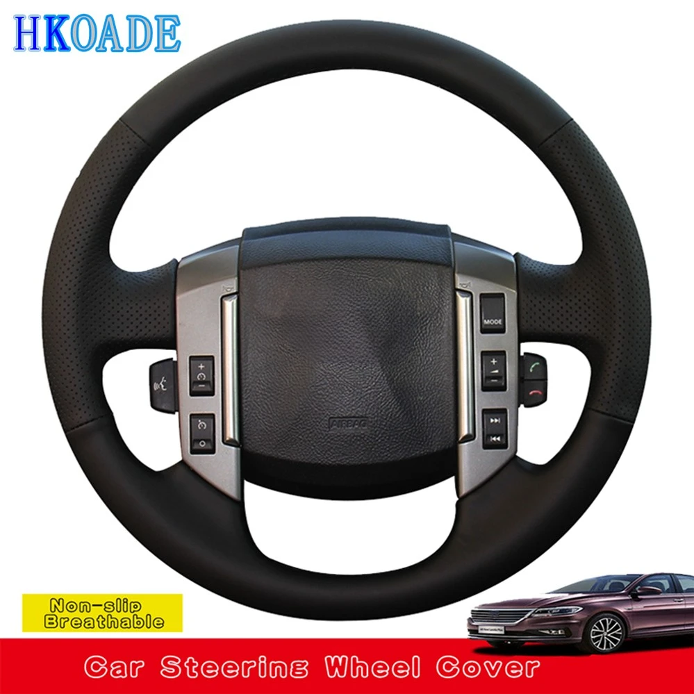 HKOADE Black Hige Soft Artificial Leather Hand-stitched Car Steering Wheel Cover For Land Rover Old Range Rover Sport 2005-2008