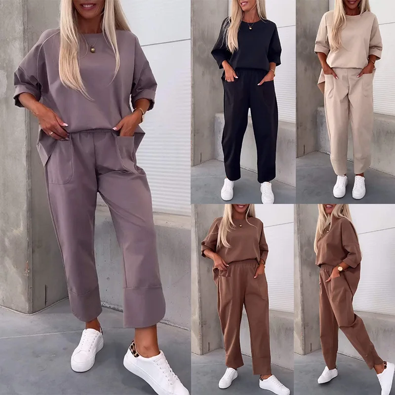 Women Two Piece Set Pants Sets Solid Tops Ankel Length Pant Sport Matching Sets Y2k T-shirt Tracksuit Autumn Spring Pocket Pant