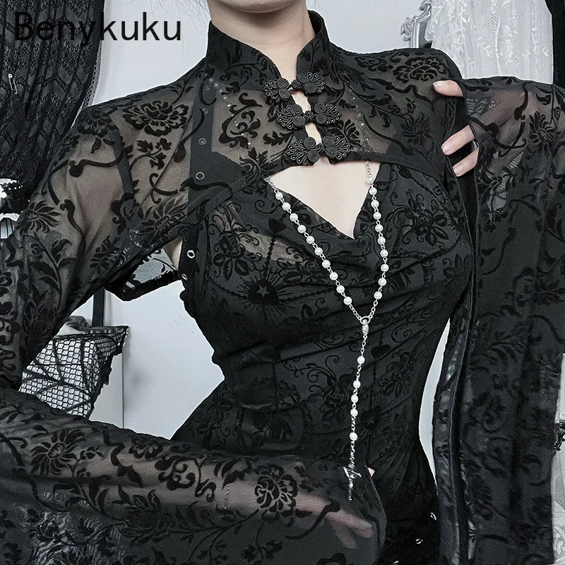 Black Flare Sleeve Y2k Cropped Tops Floral Lace Dark Cardigan Top Gothic Style Shrug Women Stand Neck Bolero Coat Goth Clothes