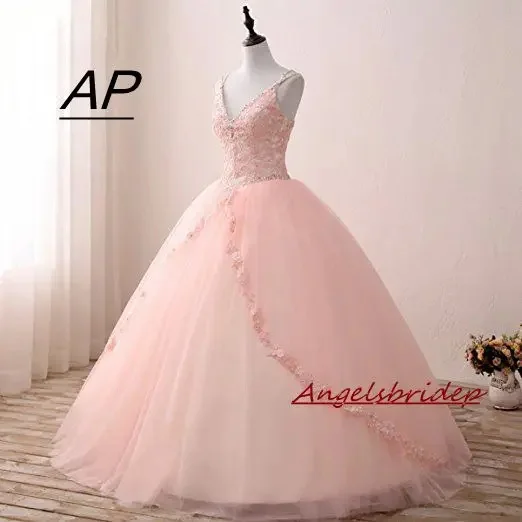 

Pink Fashion V-Neck Ball Gown Quinceanera Dresses Spaghetti Straps Applique Vestidos De 15 Anos Tulle Birthday Party Gowns