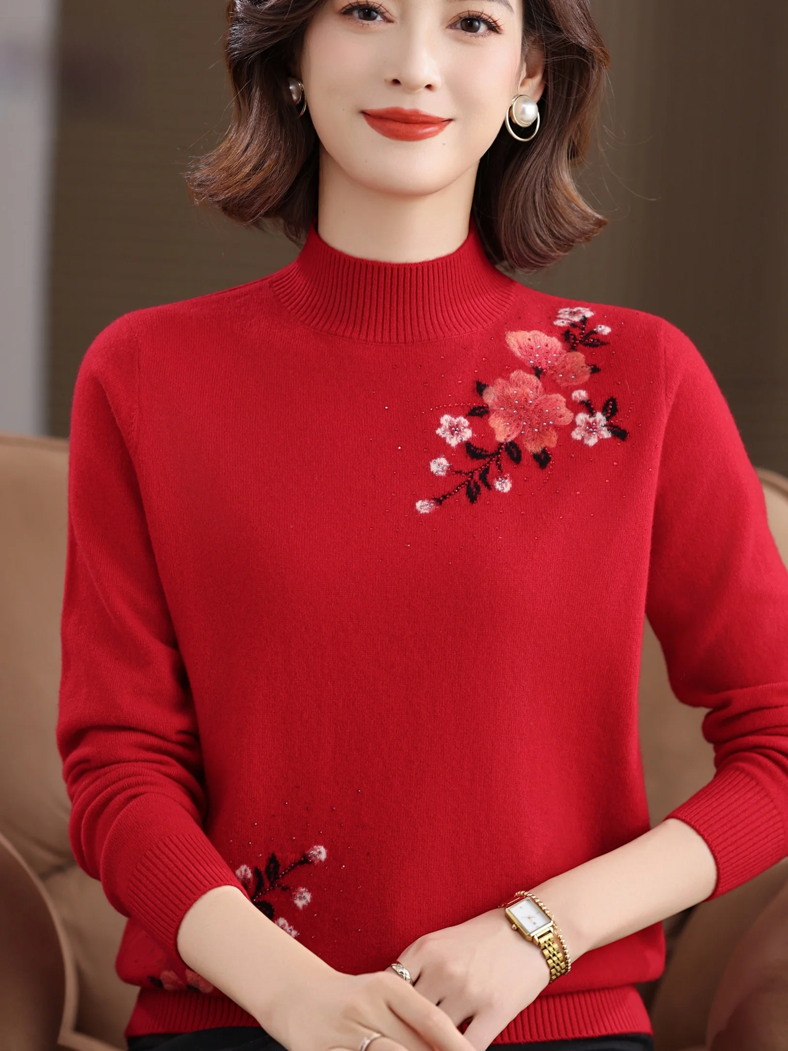 

Autumn Winter Pure Wool Sweater for Middle-Aged And ly Women Embroidered Flower Base irt Red f High Collar Mom Sle