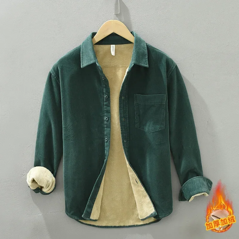 

Зимние рубашки для мужчин в японском стиле, повседневная повседневная утепленная одежда, однотонная флисовая рубашка из чистого хлопка с лацканами, сохраняющая тепло, топ, простая тонкая рубашка