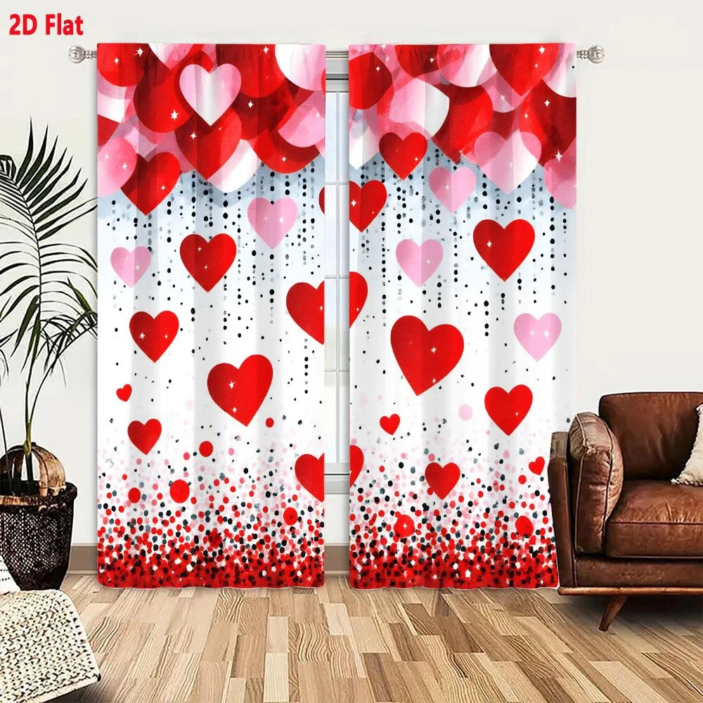 2Pcs Curtains Vibrant Romantic Vector Illustration With Falling Hearts And Festive Dots For Valentine's Day Window Drapes for Be