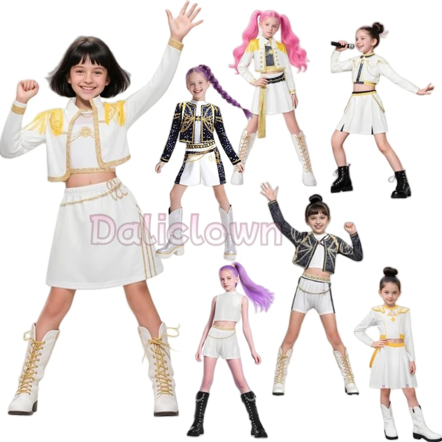 أبيض أسود ذهبي هنتركس شيطان الصيادين KPop ميرا زوي رومي تأثيري حلي الاطفال فستان حفلة عيد ميلاد الفتيات هالوين زي
