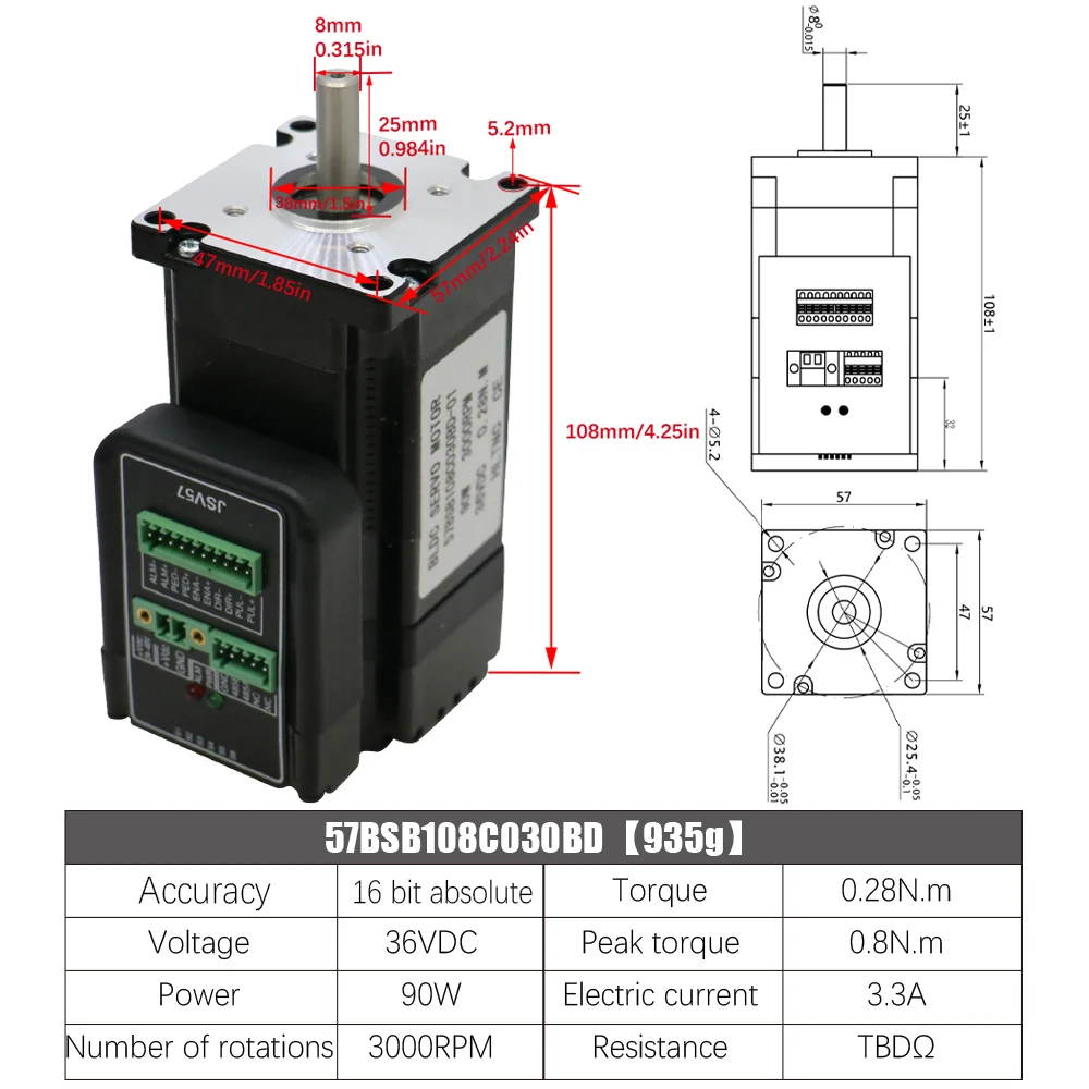 Silnik serwo DC 16-bitowy JSV57 3000 obr./min 90/140/180W DC 36V Nema 23 zintegrowany, 180W