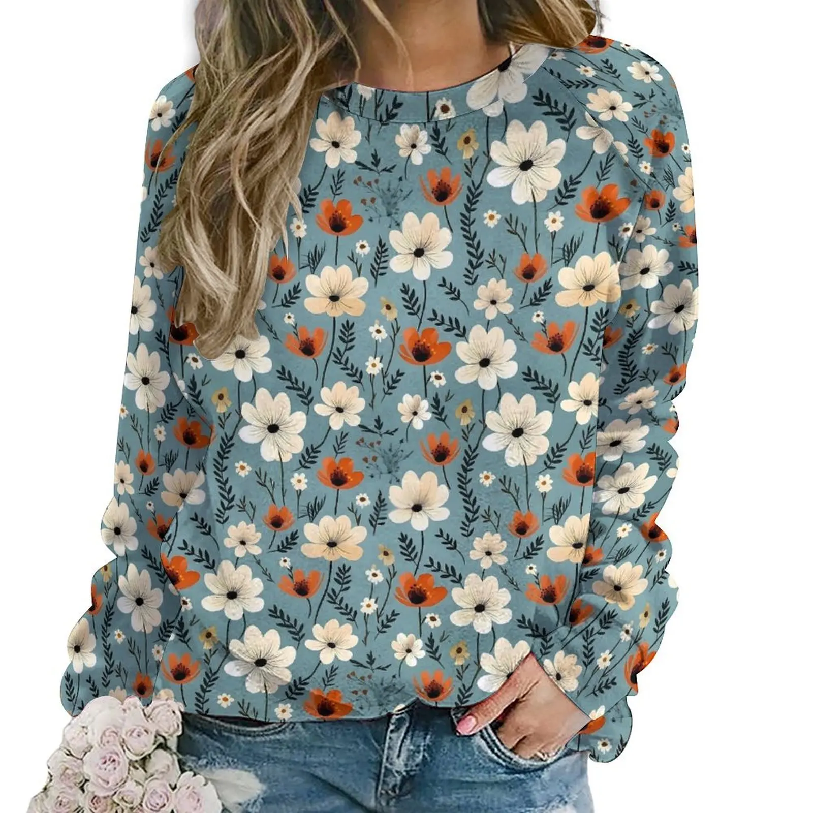 

Retro Flower Hoodies Ditsy Floral Print Korean Fashion Oversize Hoodie Women Long Sleeve Funny Printed Casual Sweatshirts