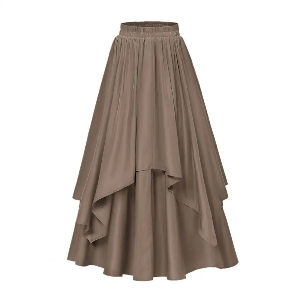 Women Midi Skirt Elastic High Waist Double Layer Irregular Hem Halloween Skirt Pure Color A-Line Slimming Design Leisure Skirt