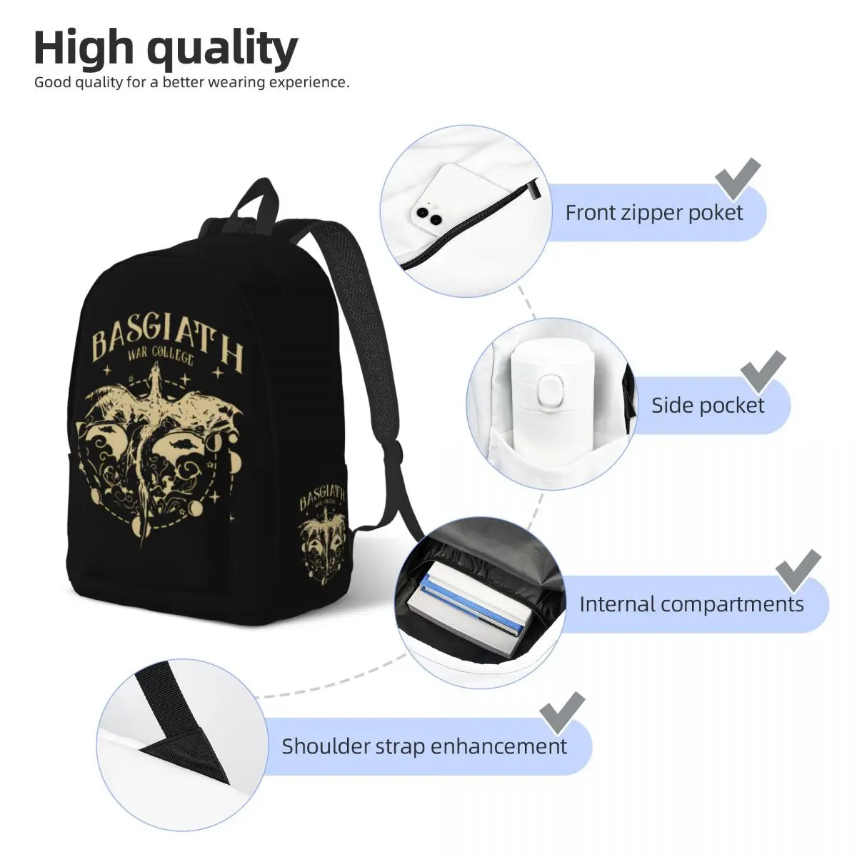 Basgiath-Bolsa de ombro para homens e mulheres, mochila casual, esportiva, colegial, caminhada, viagem, quarta ala