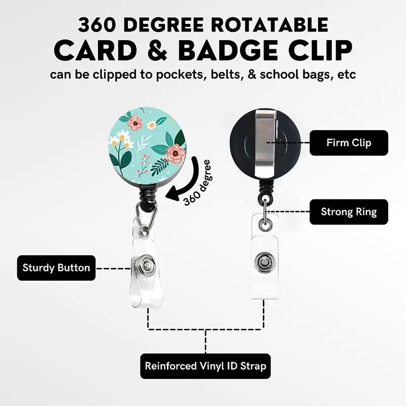 ●Flower Id Badge Holder With Badge Reel Retractable Card Holder Keychain Name Badge Identification Card Sleeve Clip Easy To Pull