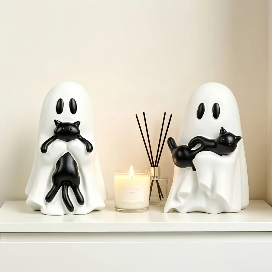 Resin Ghost Hugging Cat Figurine Cute Halloween Ornament for Tabletop Bookshelf Small Space Home Decor