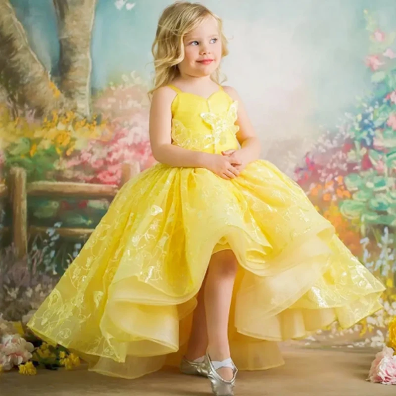 Customized Yellow Lace Flower Girl Dresses For Wedding Party Straps Pageant Gowns Sleeveless Tulle Appliqued Floor Length Kids