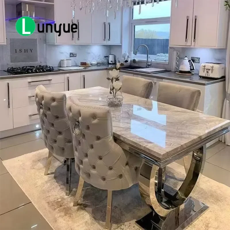 Modern Luxury Kitchen Restaurant Tables and 6 Chairs Sets Grey High End Marble Dining Table Set for Home