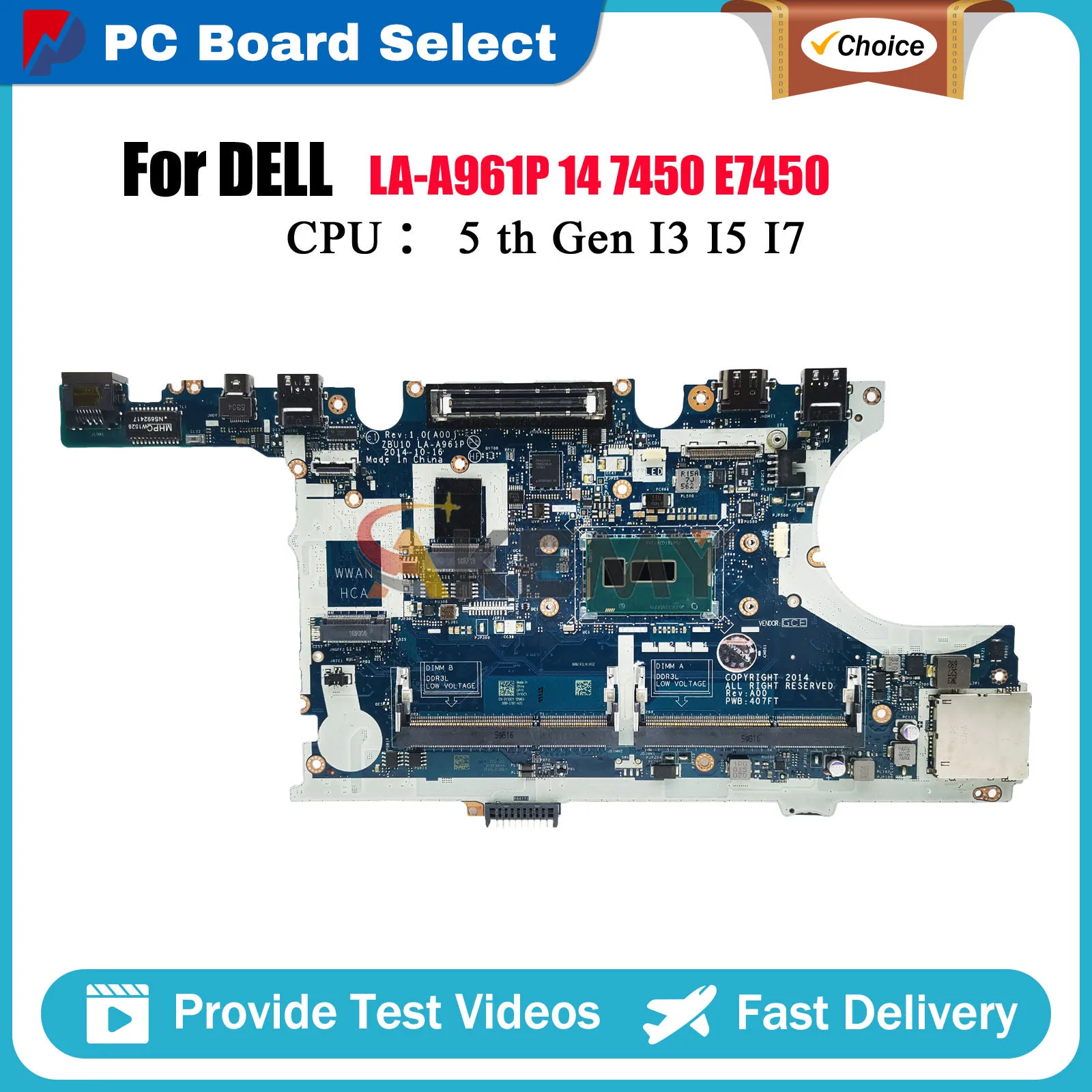 

Notebook Mainboard For Dell Latitude E7450 7450 LA-A961P 0R1VJD 0420PP 0TFVF9 0V2CCD Tested OK