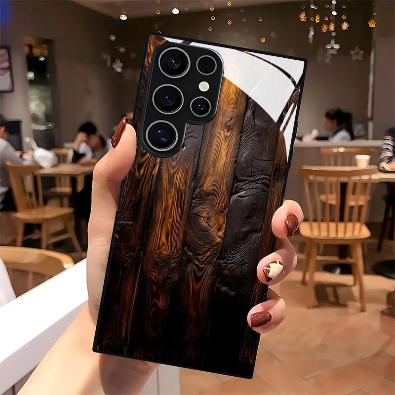 Texture wood-grain mosaic pattern TPU glass phone case, suitable for Samsung S26/S25/S24/S23/S22/S21/S20 and other models.