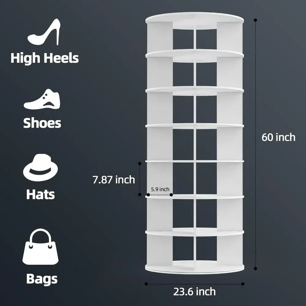 Rotating Shoe Rack 7-Tier Wood,Holds 32 Pairs of Shoes 360°Spinning,Space Saving,60