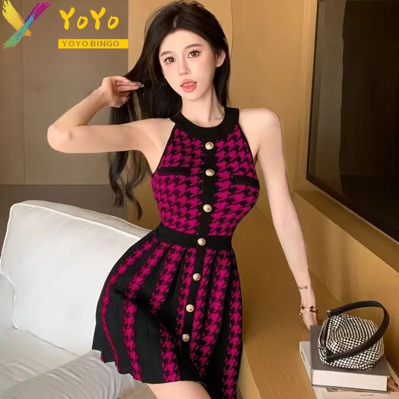 

2024 New Fashion Sexy Plaid Knit Button Sleeveless Halterneck Dress Women's Sweater Slim Bodycon Party Nightclub Dress