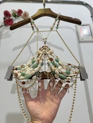 Sexy Women Irregular Shape Acrylic Beaded Suspender Hollow Tassel Luwen Short Top Beach Island Travel Pearl Body