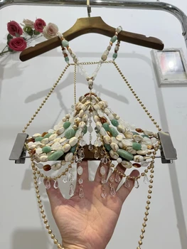 Sexy feminino forma irregular acrílico frisado suspender oco borla luwen curto topo praia ilha viagem pérola corpo