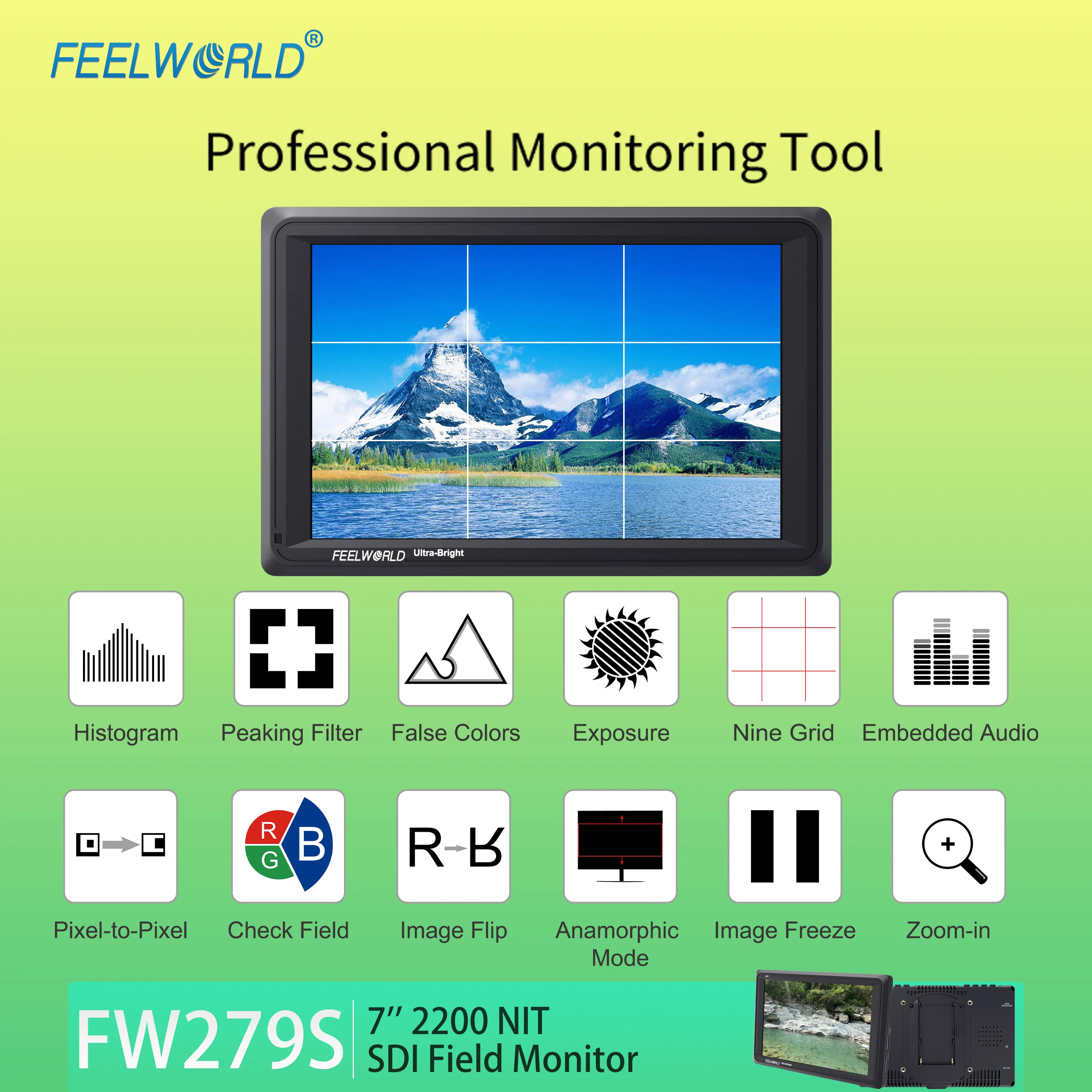 FEELWORLD FW279S 7-дюймовый монитор с камерой 2200nit, OEM Factory Direct, входной выход HDMI/3G-SDI, панель IPS 1920x1200