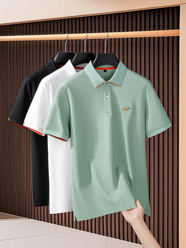 

Summer high-end light luxury fashion embroidered Ice Sky Silk Pearl Cotton men's fitted lapel short-sleeved T-shirt