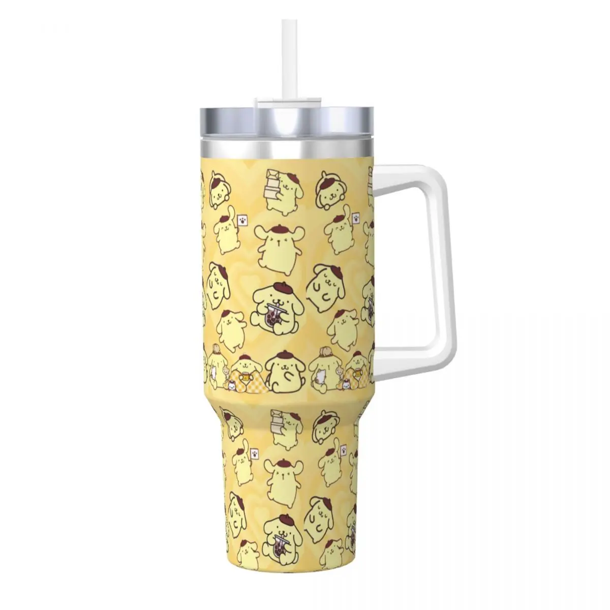 Stainless Steel Tumbler Cute Pom Pom Purin Car Mugs With Straws Travelist Water Bottle Keep Heat Large Capacity Thermal Cups