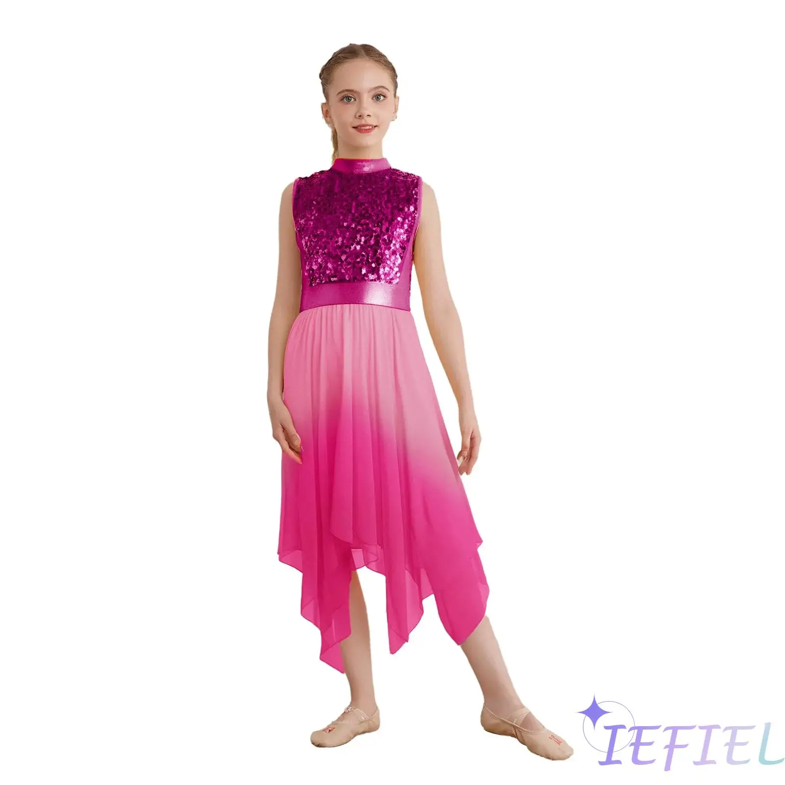 

Kids Girls Liturgical Praise Dance Dress Modern Contemporary Dancewear Sleeveless Sequins Bodice Asymmetrical Tunic Dresses