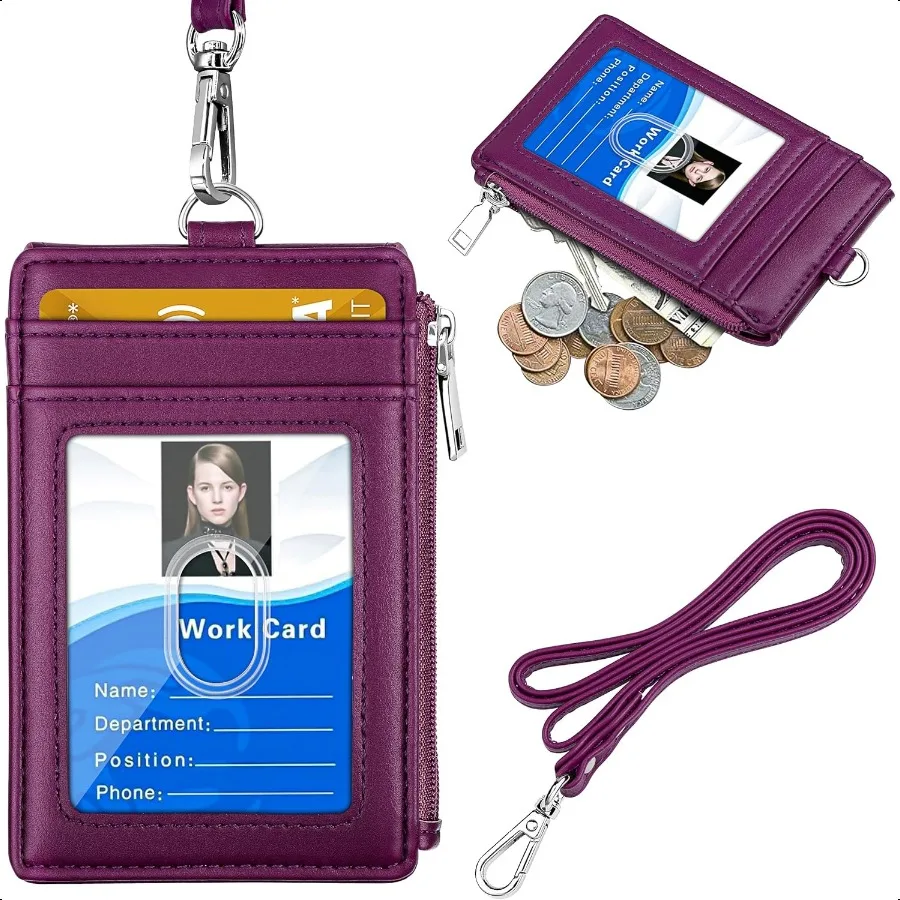 

Badge Holder with Zipper PU Leather ID Badge Card Holder Wallet with 5 Card Slots 1 Side RFID Blocking Pocket and 20 inch Neck