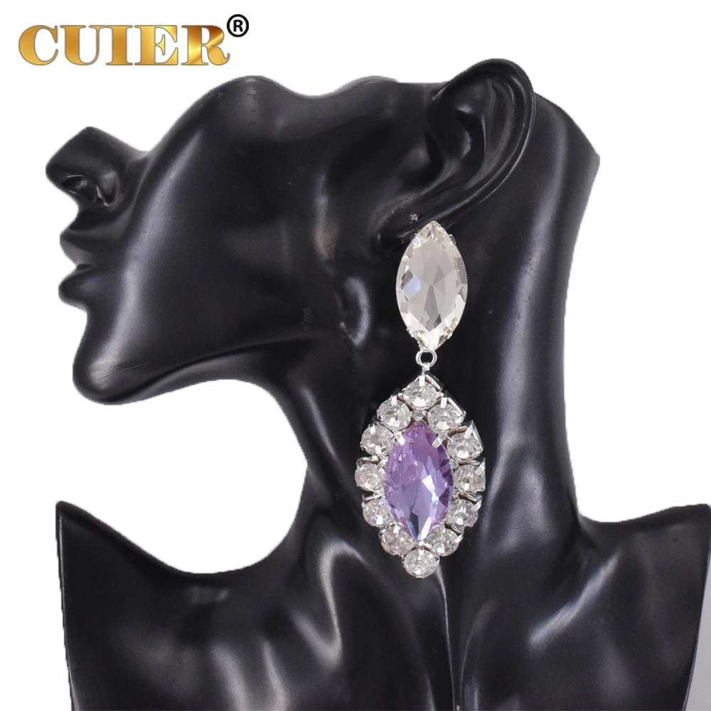 CUIER Clip on 9cm Amazing Yellow Pendant Drop Earrings for Women SS38 Rhinestones Shiny Glass Top Quality Accessories for Man