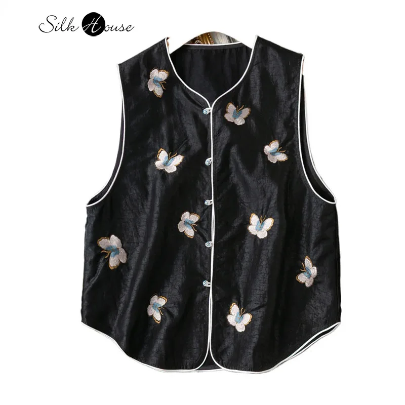 Exquisite Heavy Industry Embroidery New Chinese Black 100% Natural Mulberry Silk Turtle Crack Fragrant Cloud Yarn Loose Vest