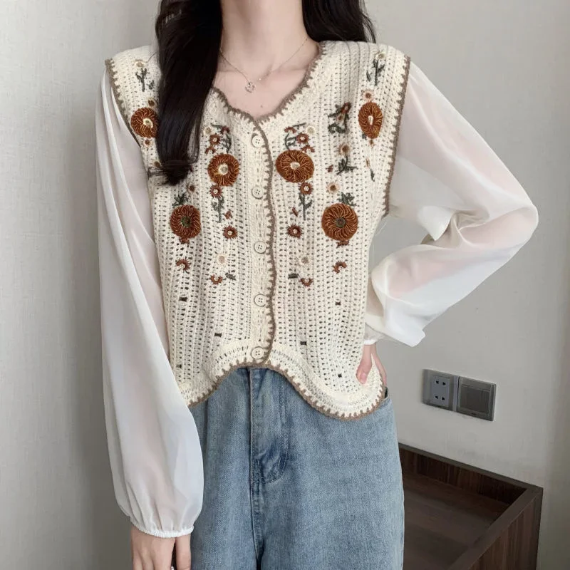 Summer Knitted Cardigan Women\'s Lace Shirt Long Sleeve Short V-neck Chiffon Top Vintage Clothes for Women Tops Shirts Blouses