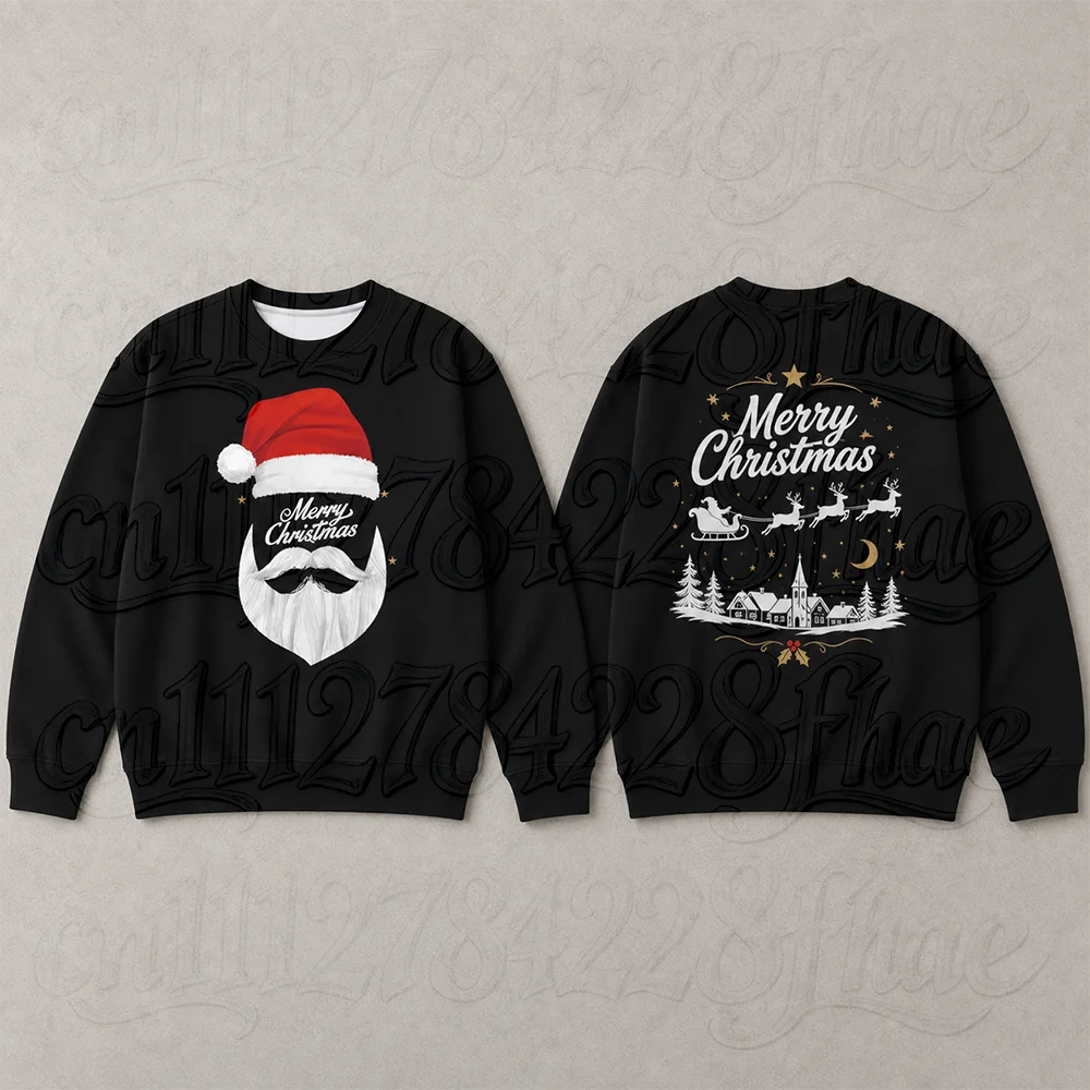 Merry Christmas Santa Claus Print Long Sleeve Crewneck Pullover Sweatshirt for Parent-Child Xmas Holiday Party Streetwear Tops
