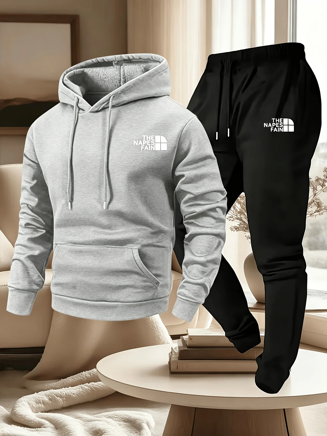 2026 Men's Autumn_Winter Printed Casual Two-Piece Set . Hooded Sweatshirt and Pocketed Trousers, Regular Fit Outdoor Sportswear