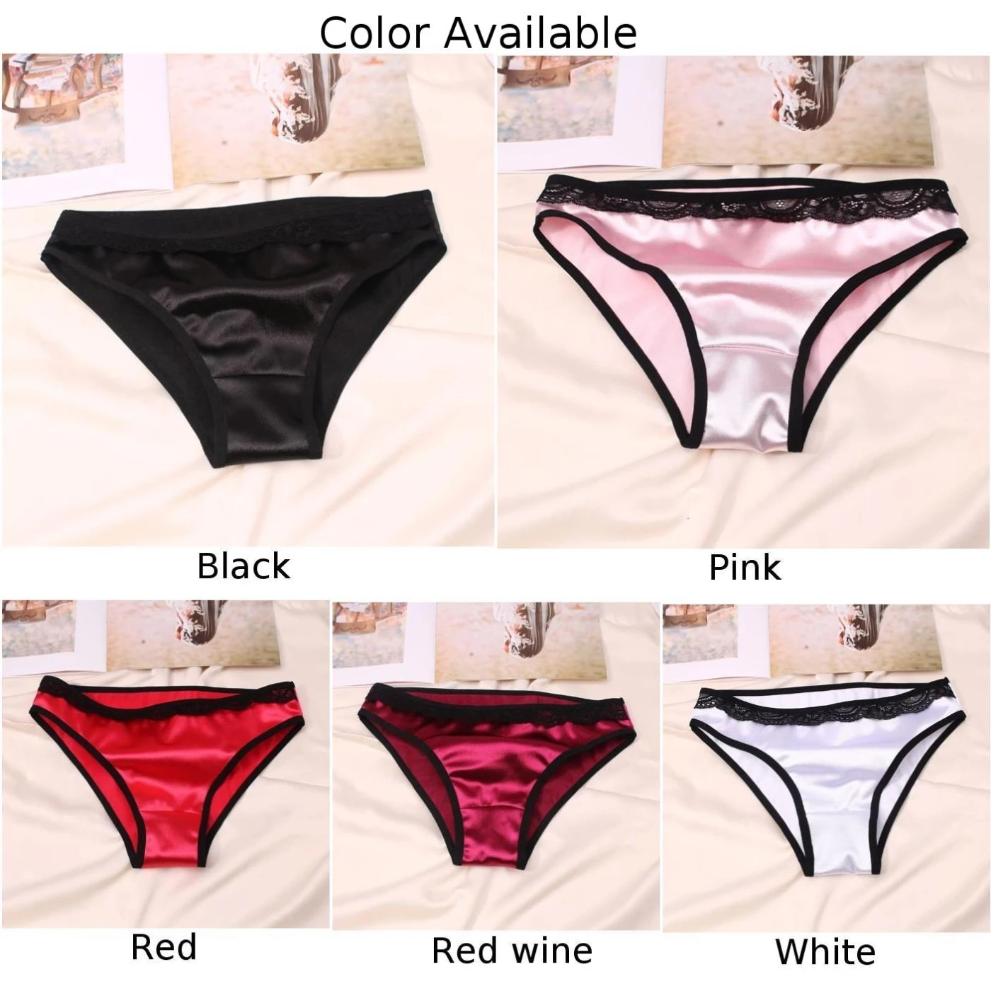 Women Smooth Satin Briefs Lace Border Panties Comfortable Soft Underpants Ice Silk Breathable Thong Knickers Low Rise Underwear