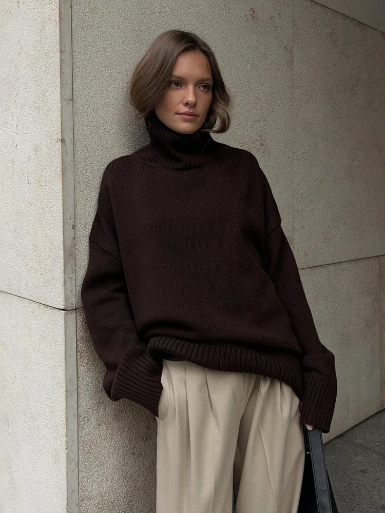 

Loose High Collar Knitted Sweater Women's Pure Color Versatile Autumn Winter Faion Slimming Comfortable Fit Knitwear