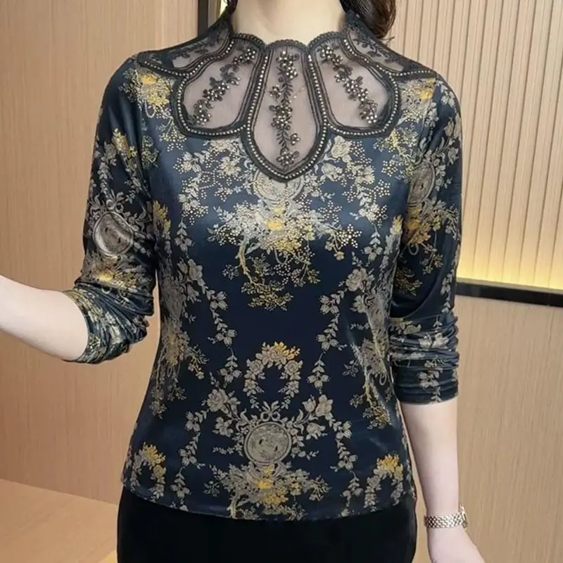 Spring Autumn Gauze Lace Spliced Blouse Vintage Floral Printed Commute Women\'s Clothing Stand Collar Fashion Diamonds Slim Shirt