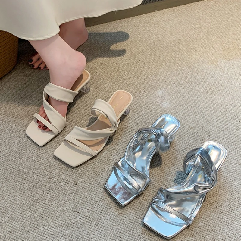 Sandalias de cristal para mujer, cabeza cuadrada, tacón alto, ropa exterior, pie ancho y gordo, talla grande, cien zapatillas frescas