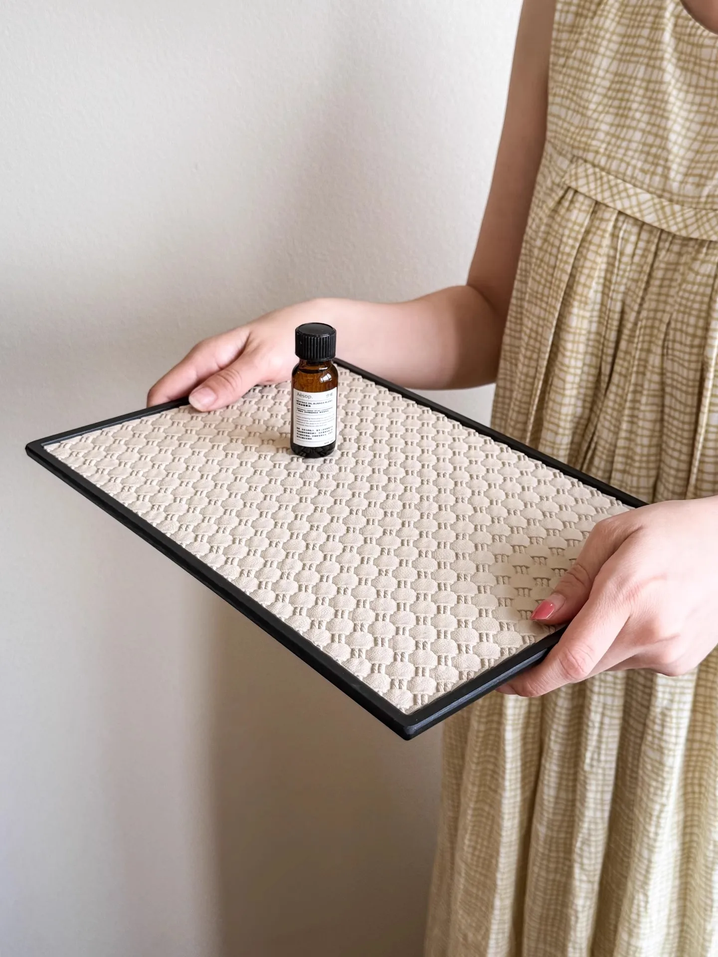 Handwoven Beige Leather Tray - Rectangular Woven Serving Platter for Living Room, Sage Green Home Decor for Coffee Cups & Desser