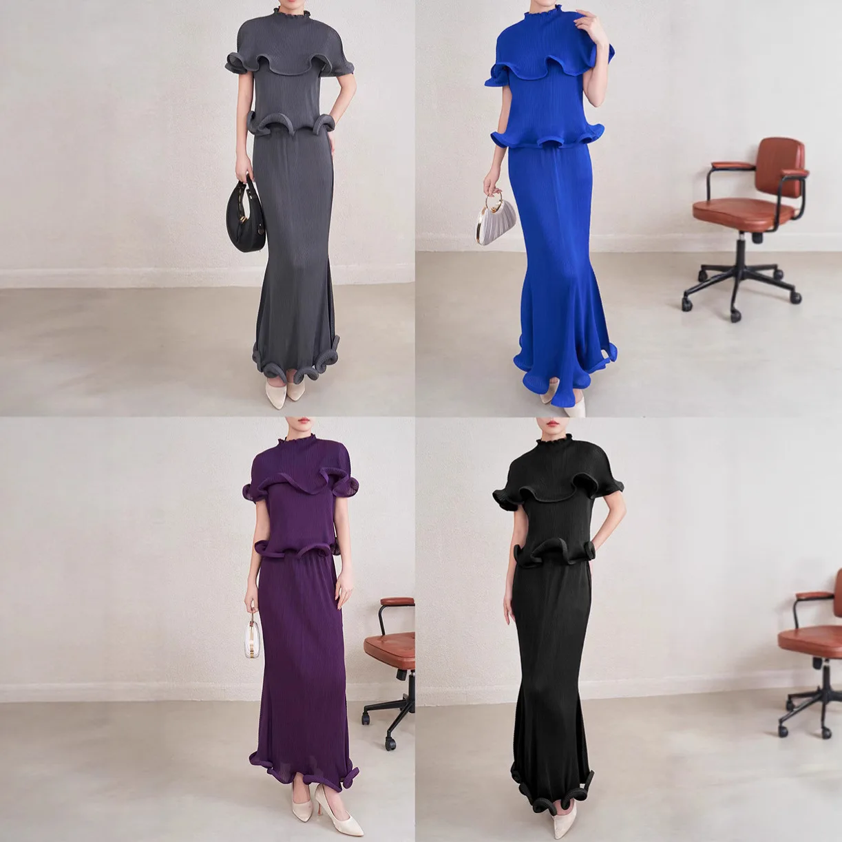 Miyake Pleated Women's Two Pieces Set High-End Fashion Stringy Selvedge Design Short Sleeve T-Shirt + Elastic Waist Long Skirt image 2