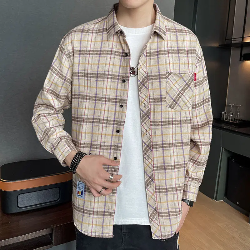 Men Vintage Classic Plaid Appliques Pocket Shirts Autumn Trendy Lapel Long Sleeve Loose Tops Casual Streetwear Camisas De Hombre