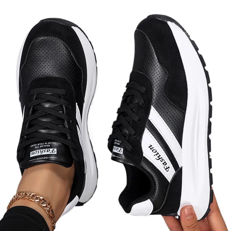 PU Leather Chunky Shoes for Women Breathable Non-slip Running Sneakers Fashion Thick Sole Walking Footwear Size 36-43