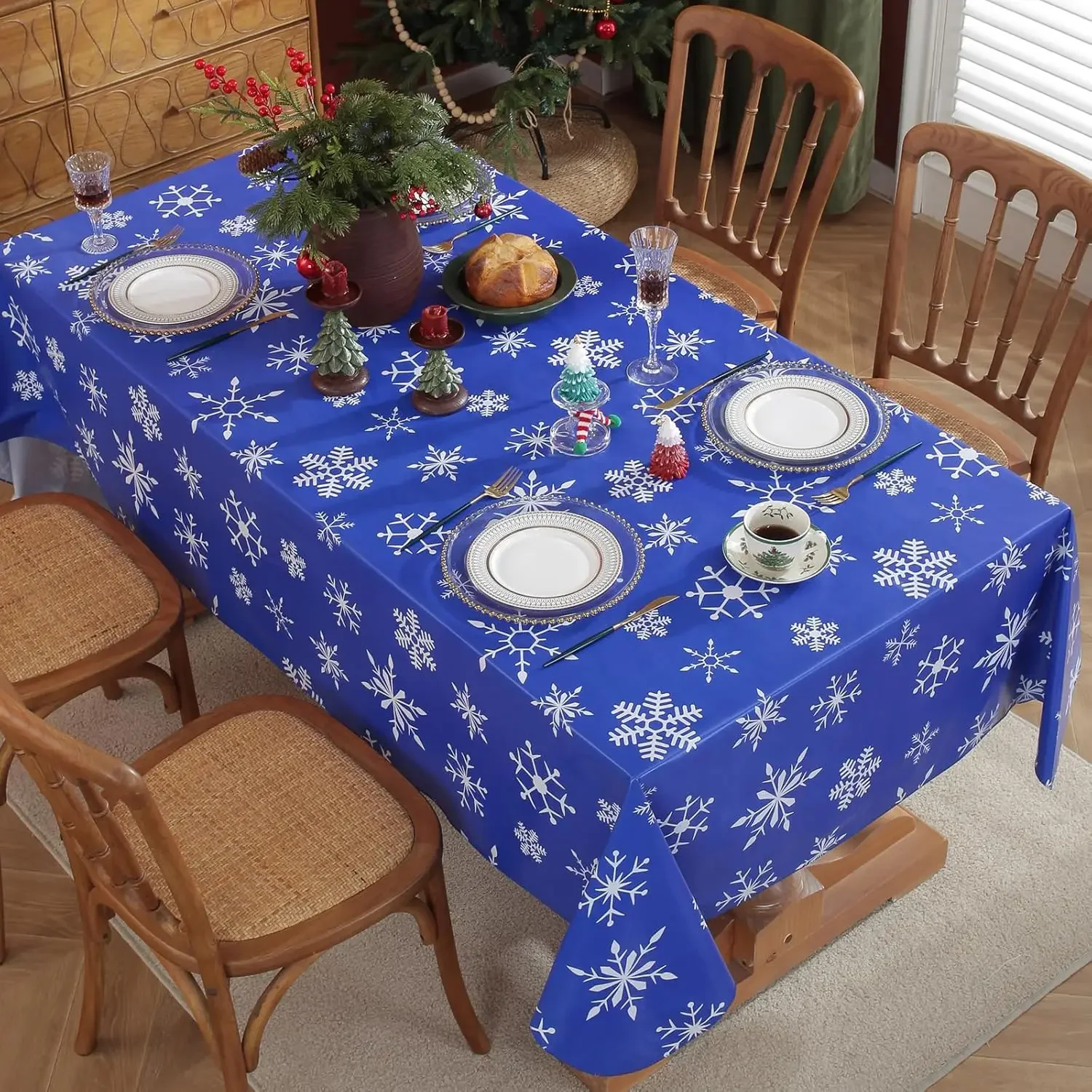 Christmas Snowflake Blue Rectangle Tablecloth for Table Decor Washable Winter Kitchen Dining Tablecloth Christmas Decorations